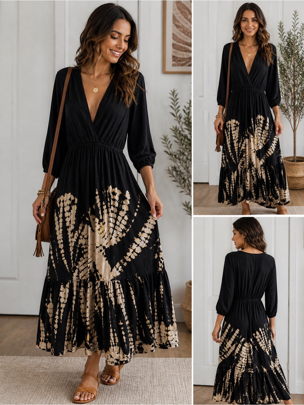 YFB Boho Tie Dye Maxi Dress Black Tan | Wrap V Neck Flowy Long Sleeve M